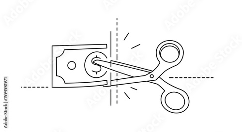 Minimalist black outline scissors cutting dollar bill, symbolizing financial cost reduction or budget cuts.