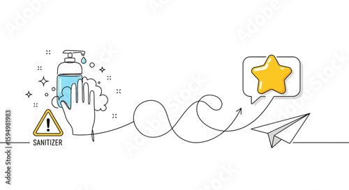 Line art concept of hygiene leading to positive feedback with a sanitizer, paper plane, and star icon.