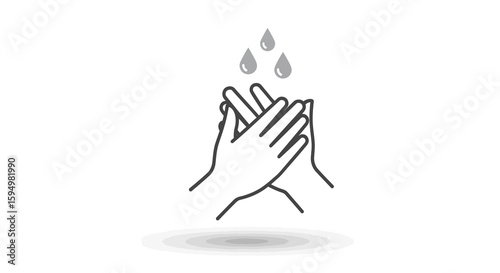 Minimalist line art icon of two hands washing, with grey water droplets falling.