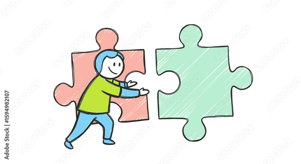 Fototapeta premium Stick Figure Person Connecting Two Colorful Puzzle Pieces Together