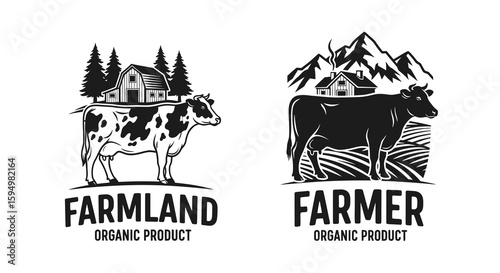 Two monochrome vector illustrations of cows with farm elements, organic product logos.