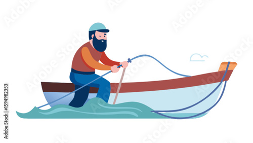 Illustration of bearded man rowing boat on water vector design for nautical and maritime themed projects