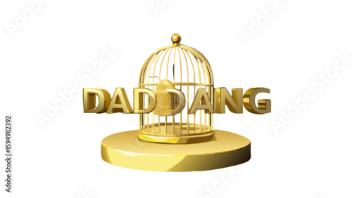 Golden birdcage with dad dang text on a pedestal, luxury decoration and design, golden cage ornament art