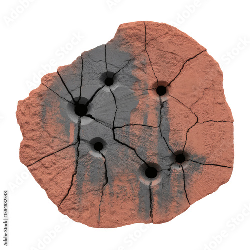 Cracked Brick with Bullet Holes: A distressed, red brick showcases the aftermath of violence. The brick, riddled with bullet holes and cracks, tells a story of damage, impact, and destruction.