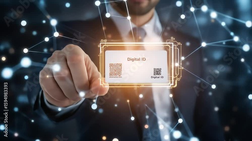 Man presents a futuristic digital identity card against a backdrop of glowing network connections.