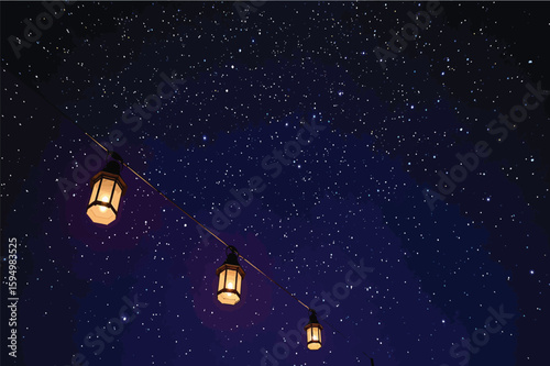 Vector art of glowing lanterns hang from a string against a dark, starry night sky with swirling cosmic patterns