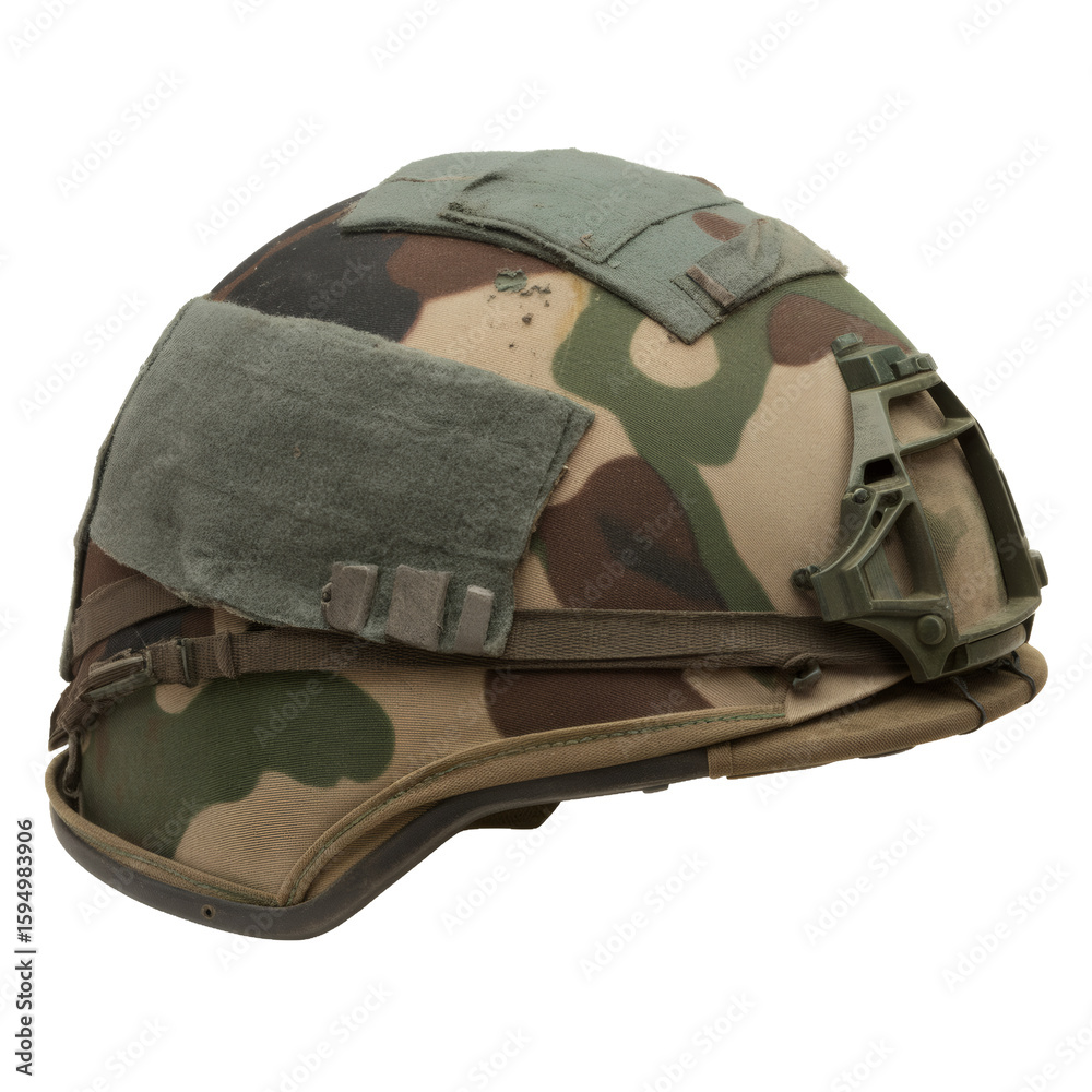 Fototapeta premium Camouflage Helmet: A robust camouflage helmet, meticulously crafted for defense, offering a strategic blend of protection and concealment