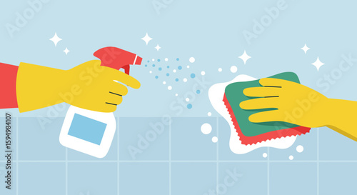 Yellow-gloved hands spraying cleaner and scrubbing with a sponge on a tiled surface, illustrating cleanliness.