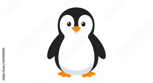 Adorable cartoon penguin with a black and white body, large eyes, and bright orange beak and feet.