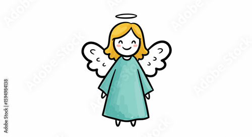 Adorable smiling angel character with blonde hair, a halo, and a light blue robe.