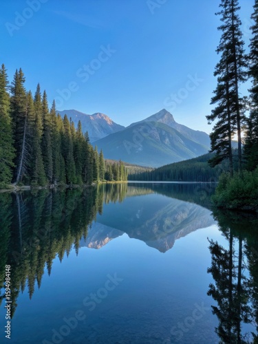Mountain lake reflects trees and peaks creating a serene landscape at sunrise or sunset
