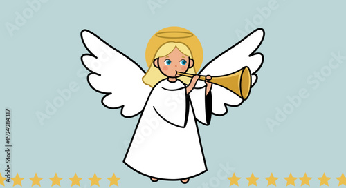 Cute cartoon angel with blonde hair and a golden halo playing a trumpet. A simple, flat illustration of a celestial being with large white wings.