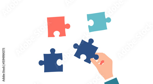 Flat illustration of a human hand holding a dark blue puzzle piece, with three colorful pieces