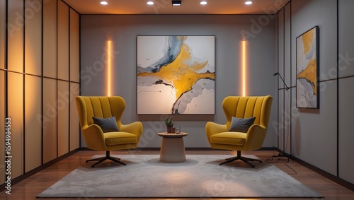A luxury podcast studio showcases high fidelity o with cozy armchairs beneath modern art for premium recordings in a creative space.