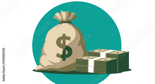 Cartoon Money Bag with Dollar Sign and Stacks of Cash Illustration