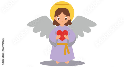 Cute cartoon angel with brown hair and a golden halo, holding a red heart with a gentle smile.