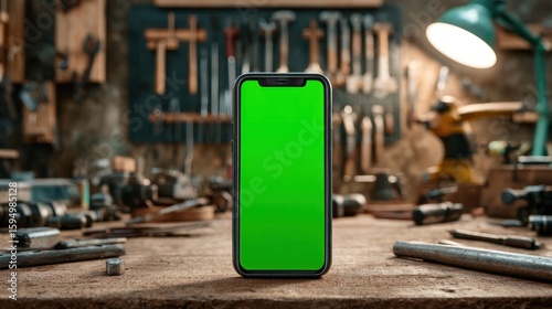 Smartphone with green screen in a workshop