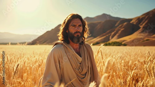 Jesus standing in a wheat field and observing pharisees