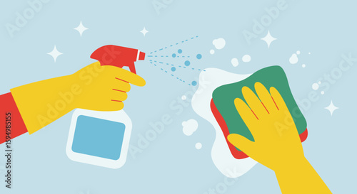 Illustrated hands in yellow gloves cleaning a surface with a spray bottle and sponge.