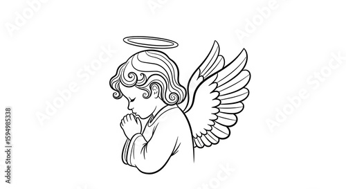 Serene child angel with curly hair and halo praying, a black and white line art illustration.