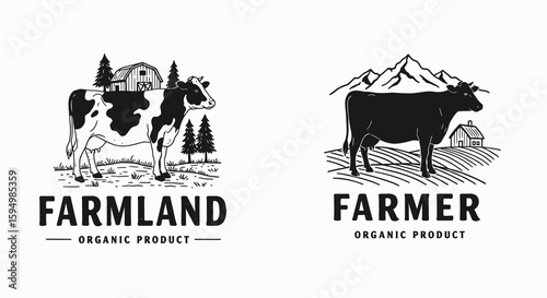 Set of two vintage farm logos with cows, barn, and mountains in a black and white hand-drawn style.