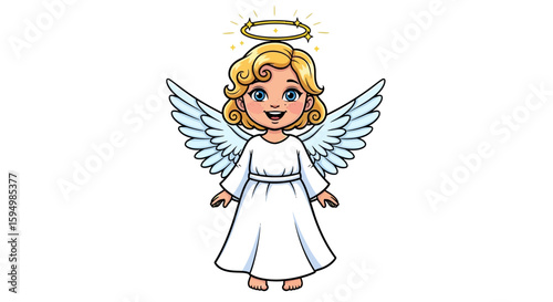 Smiling Cartoon Angel with Blonde Curly Hair, Blue Eyes, White Dress, and Golden Halo