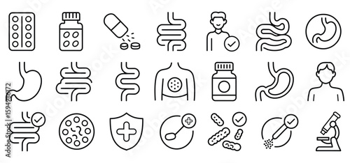 Probiotic supplement line icons, Digestive health symbols, Stomach and intestine bacteria, Gut microbiome illustration, Medical treatment and wellness Concept, Capsule and medicine icons