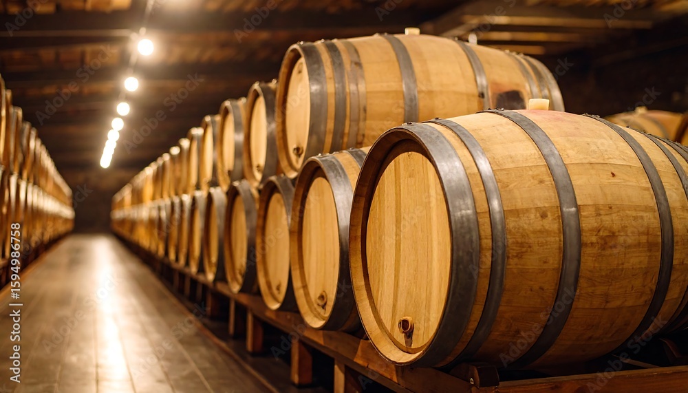 Rows of oak barrels aging in a dimly lit wine cellar. Rows of oak barrels aging in a dimly lit wine cellar.