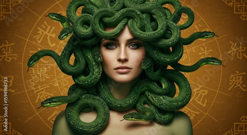 Fantasy Medusa portrait with green snake hair
