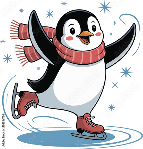 A cute cartoon penguin joyfully ice skating in a winter wonderland, wearing a scarf and ice skates. transparent vector png
