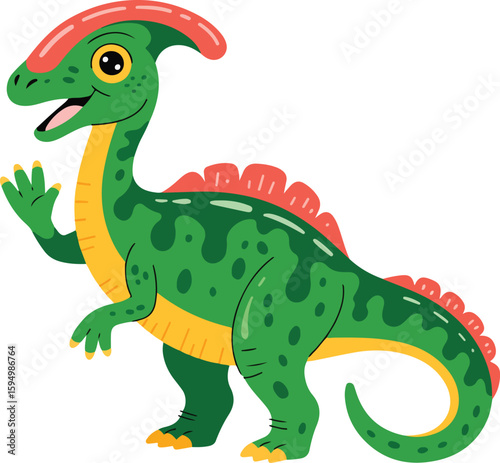 A cheerful Parasaurolophus dinosaur waving with a smile transparent vector png