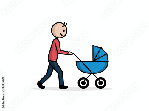 Father Pushing Baby Stroller: An illustrated father strolls, pushing a blue baby stroller, evoking a sense of care and family in this heart-warming graphic.