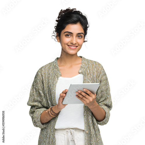 Young Indian woman smiling while browsing tablet in casual outfit isolated on transparent background PNG
