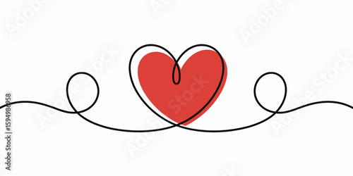 One Continuous Line Heart: A simple yet elegant representation of love, a vibrant red heart is formed from a single, uninterrupted line, embodying the concept of everlasting affection and connection.