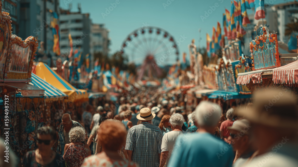 Naklejka premium Seniors enjoy a delightful stroll through a vibrant summer fair