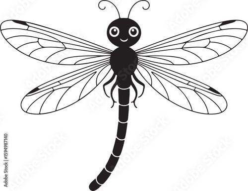 A charming monochrome depiction of a dragonfly, showcasing its delicate wings and cheerful demeanor transparent vector png