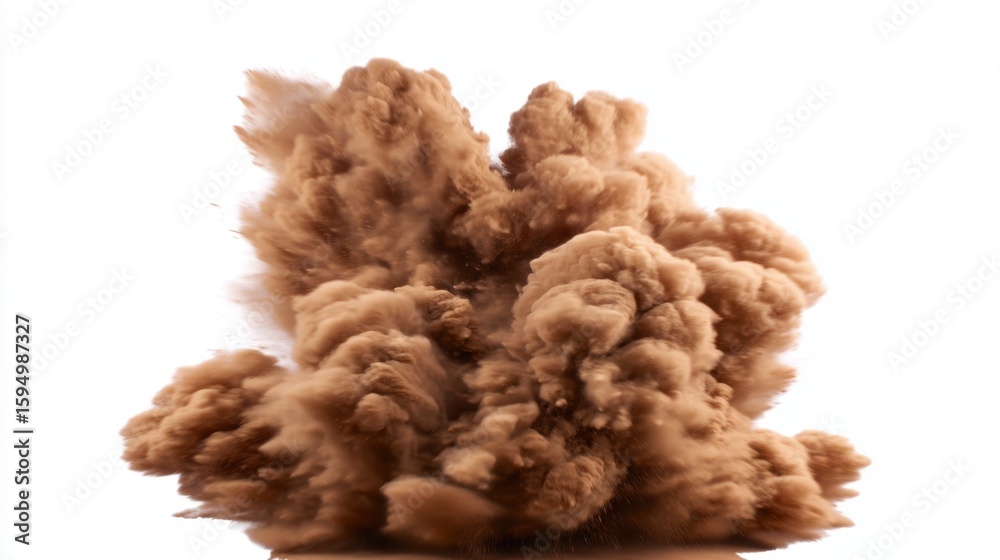 Fototapeta premium Dynamic brown dust cloud in mid-motion, billowing with fluffy irregular shapes and fine particles against a stark white background, creating energy and movement.