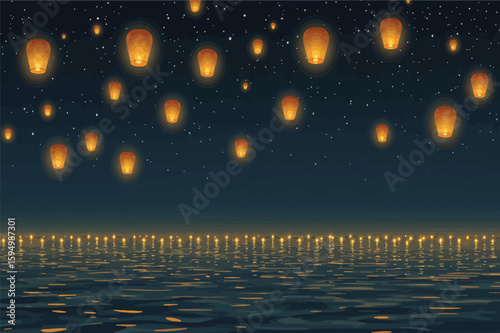 Vector art of a mesmerizing night sky filled with glowing lanterns floating above a tranquil body of water with reflections