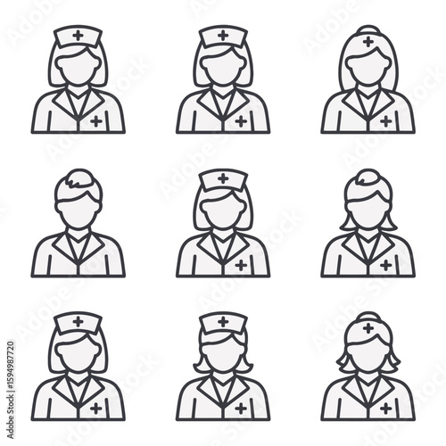 Set of nurse icons isolated on white background
