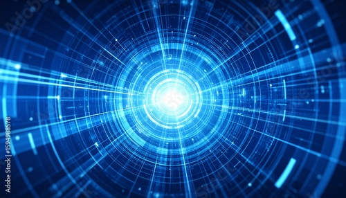 Blue-toned abstract circular tech patterns radiating from the center, representing digital transformation in business