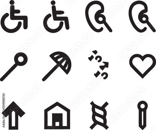 Accessible wheelchair symbol umbrella magnifying glass heart upward arrow house knot pin accessibility