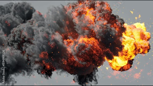 Digital massive explosion flames isolated on light grey video