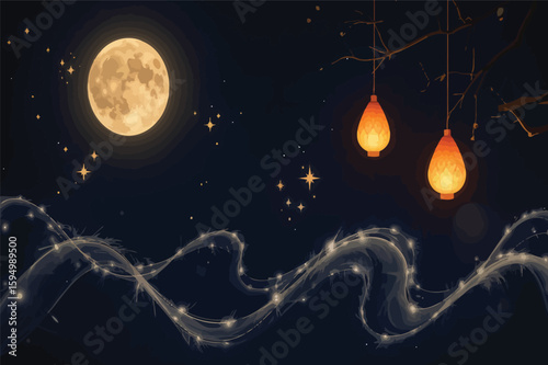 Vector art of a magical night sky unfolds with a luminous full moon, twinkling stars, and glowing lanterns hanging from a tree branch