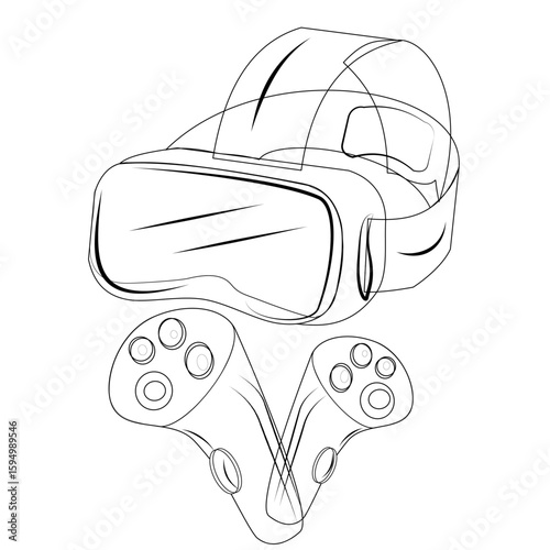 Vector sketch of a VR headset with controllers, ideal for tech, gaming, and futuristic gadget illustrations. Perfect asset for modern technology-focused microstock projects.