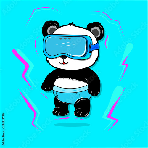 Energetic panda illustration wearing VR glasses with electric effects on a bright blue background. Perfect for gaming, tech posters, and futuristic digital designs.