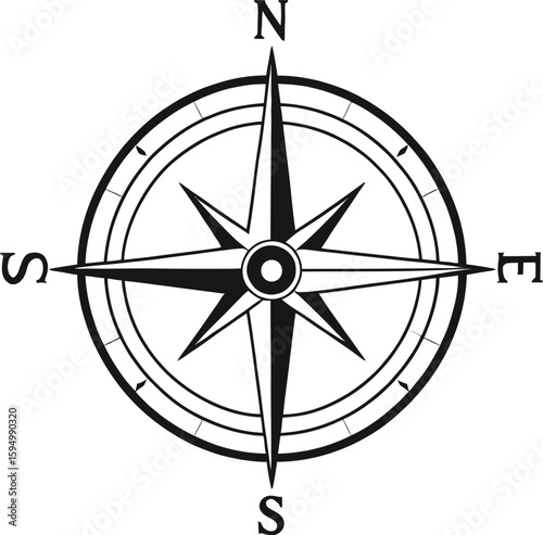 Detailed Black And White Compass Rose Graphic For Nautical Designs And Wayfinding Illustrations Ideal For Directional Signage Maps And Themed Artwork
