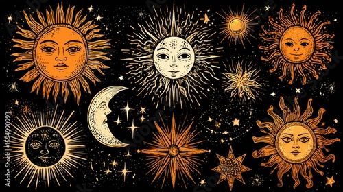 Celestial design with suns, moons, and stars.