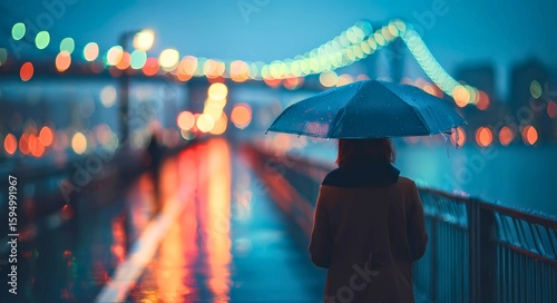 A solitary figure with a dark umbrella walks along a wet pier at night illuminated by blurred colorful bokeh lights and reflections