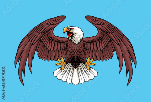 Majestic Eagle with Brown Wings Spreading on Light Blue Background