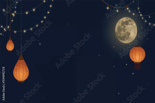 Vector art of a magical night sky illuminated by glowing lanterns and a full moon, with strings of fairy lights adding a festive atmosphere